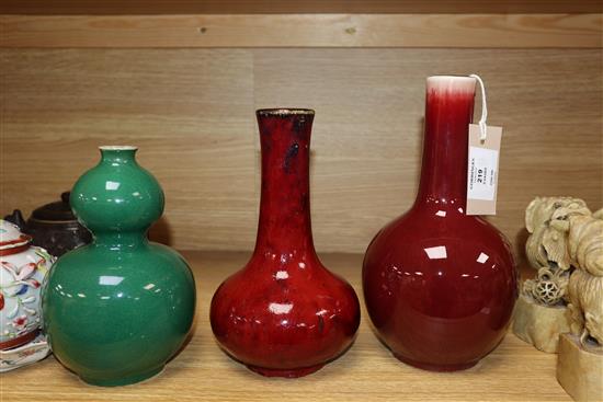 Two Chinese flambe glazed vases and a green crackle glaze double gourd vase (3) Tallest piece measures 23cm